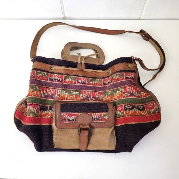 Vintage Kilim and Leather Shoulder Bag Purse - Picture 5 of 6